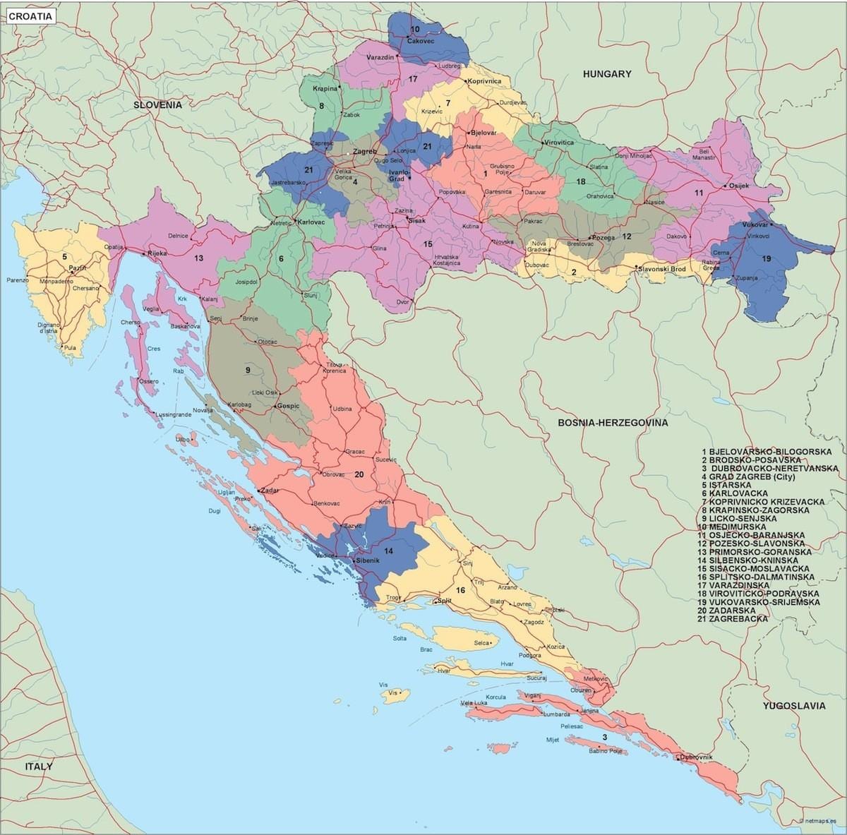 zemljevid hrvaška politična 