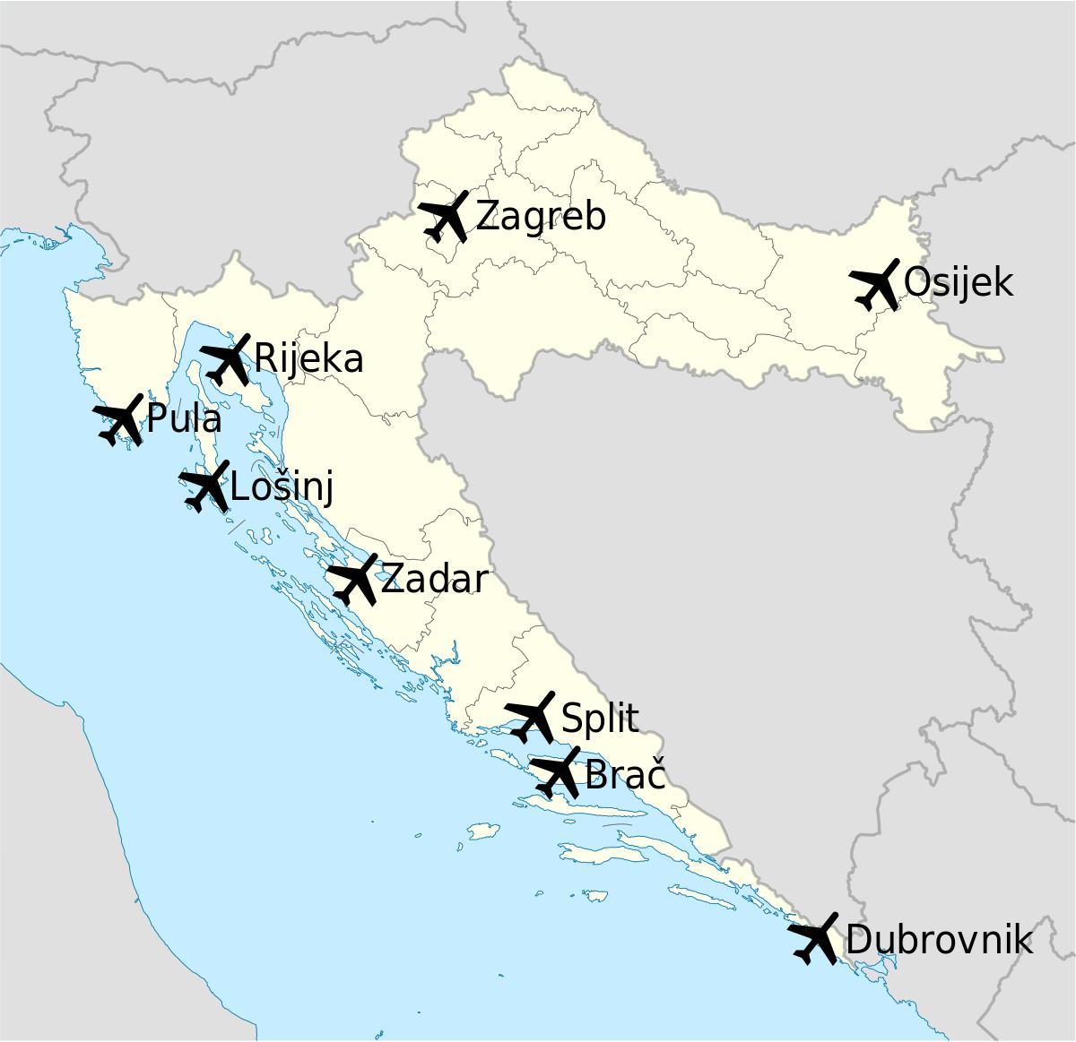zemljevid hrvaška, ki kažejo na letališčih