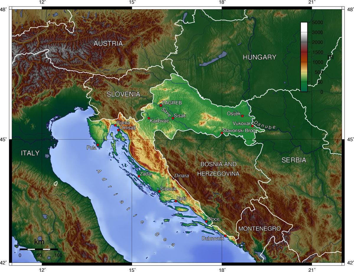 zemljevid hrvaška topografske 