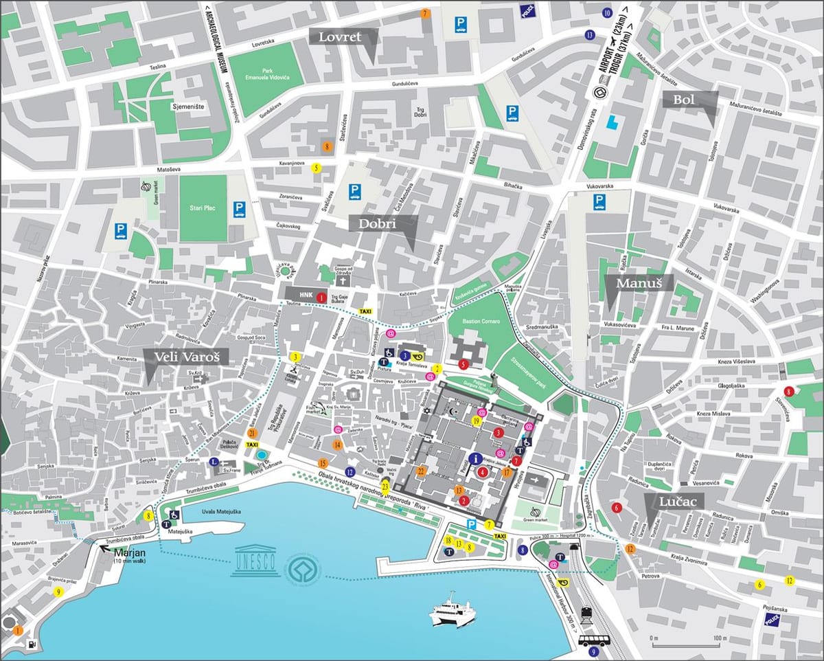 zemljevid starega mestnega jedra split, hrvaška